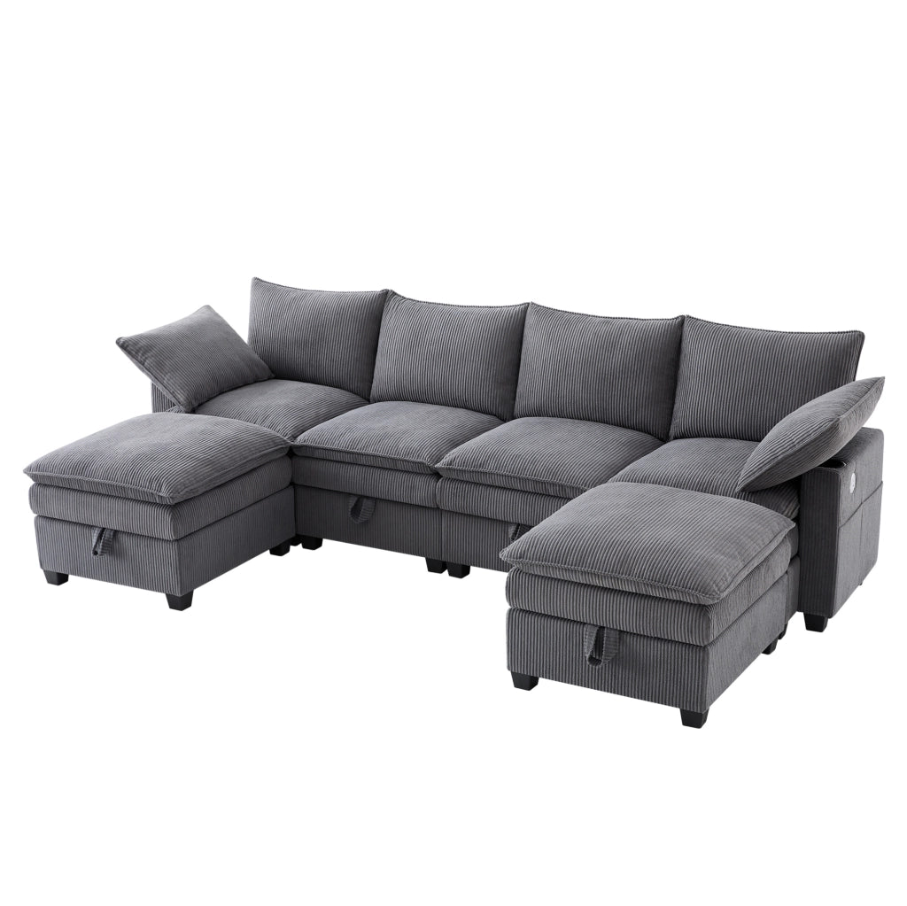 Divano modulare 6 posti a L o U in velluto a coste; con 2 pouf; USB e vani contenitore; grigio