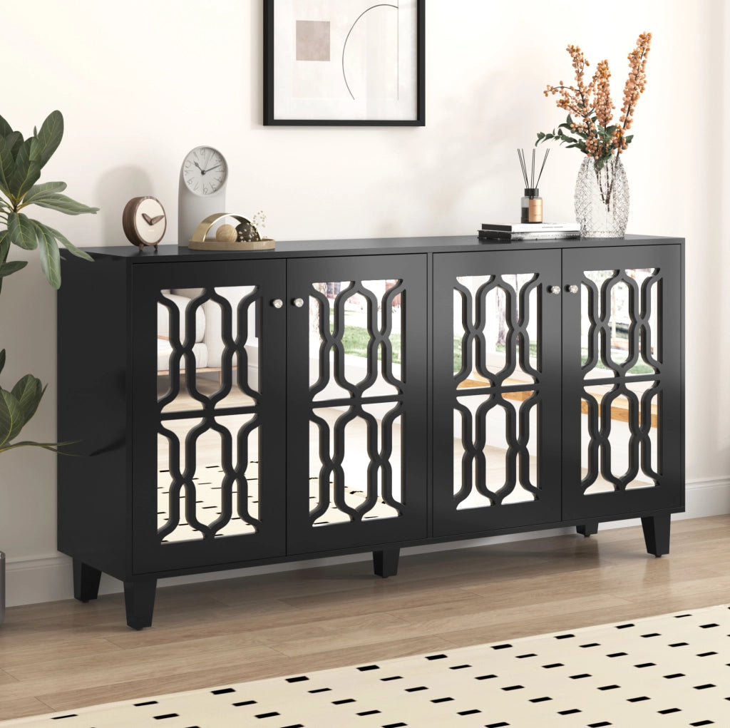 Credenza 160x40x84 cm con 4 ante; ripiani interni mobili; MDF nero
