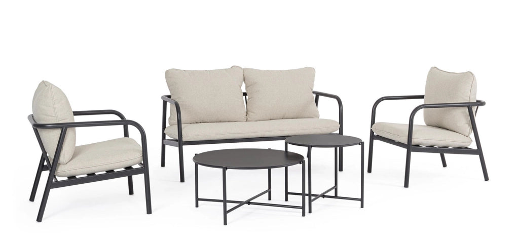 Set 5 Pezzi Salotto da Giardino con Divano 2 Poltrone e 2 Tavolini in Acciaio e Spunpoly Ostuni Antracite