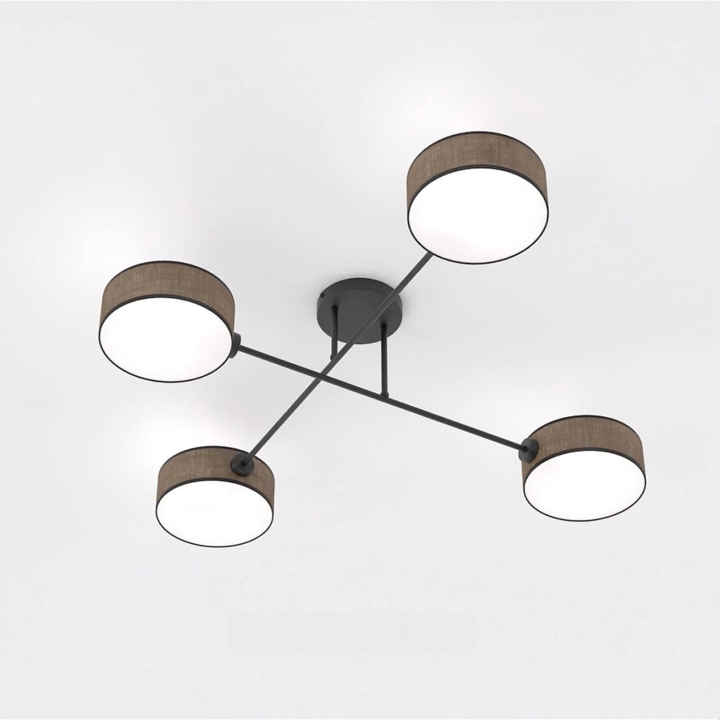 Lampada a sospensione Maga 4 luci in acciaio nero e tessuto marrone