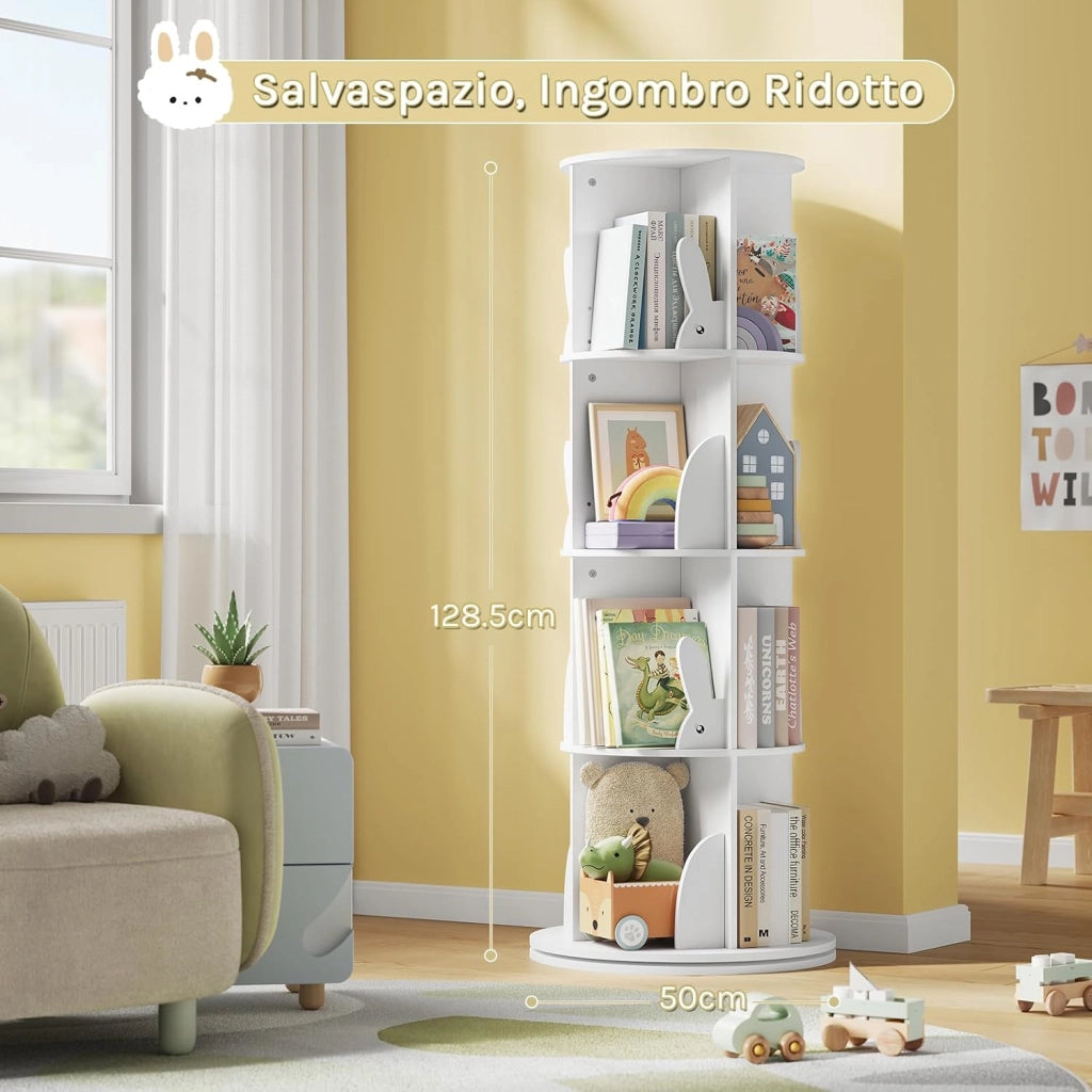 Libreria per Bambini Rotante, Libreria Girevole a 4 Livelli, Porta Libri per Soggiorno, Studio, Ufficio, Scaffale in Legno Autoportante