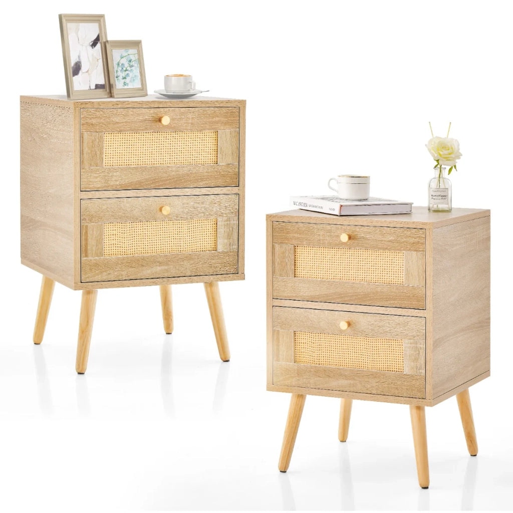 Set di 2 comodini in rattan 40 x 40 x 59 cm con 2 cassetti portaoggetti stile bohémien realizzati in MDF naturale 20_0019319