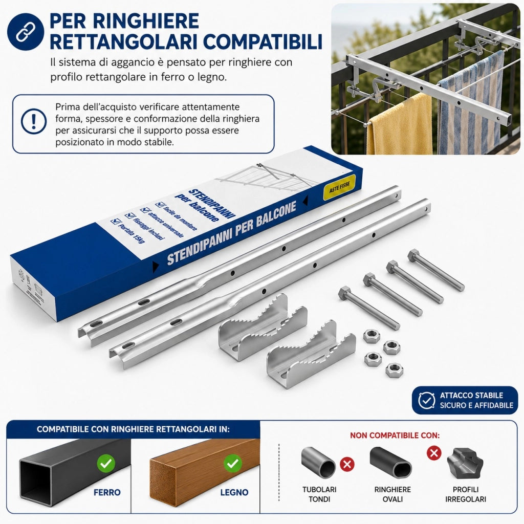 Stendibiancheria Balcone 55 cm per Ringhiera Rettangolare in Acciaio Zincato