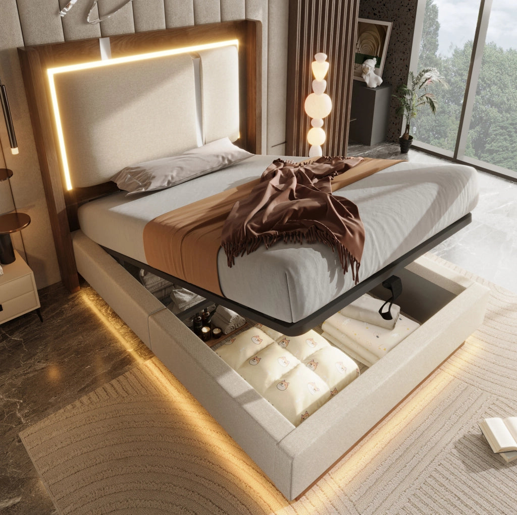Letto singolo 90x200 cm in lino beige con LED; contenitore con alzata idraulica e rete a doghe