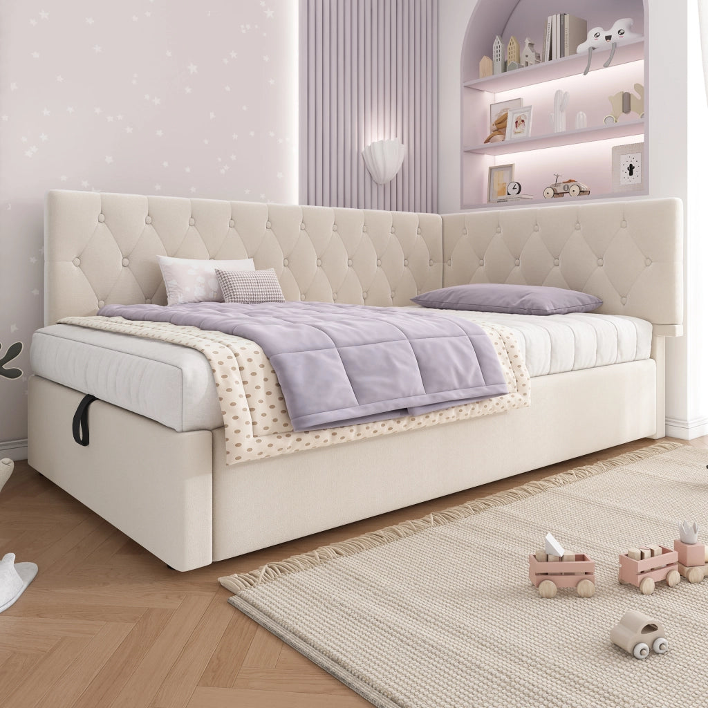 Daybed singolo – 90x200 cm – contenitore idraulico rete legno – velluto beige