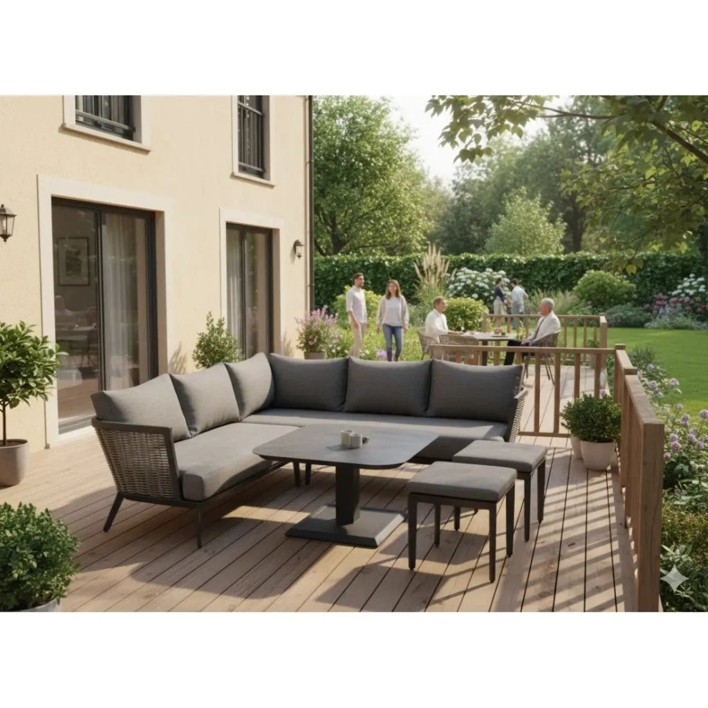 Salotto da giardino VENTARO 7 posti in alluminio grigio con divano ad angolo, tavolo regolabile e pouf