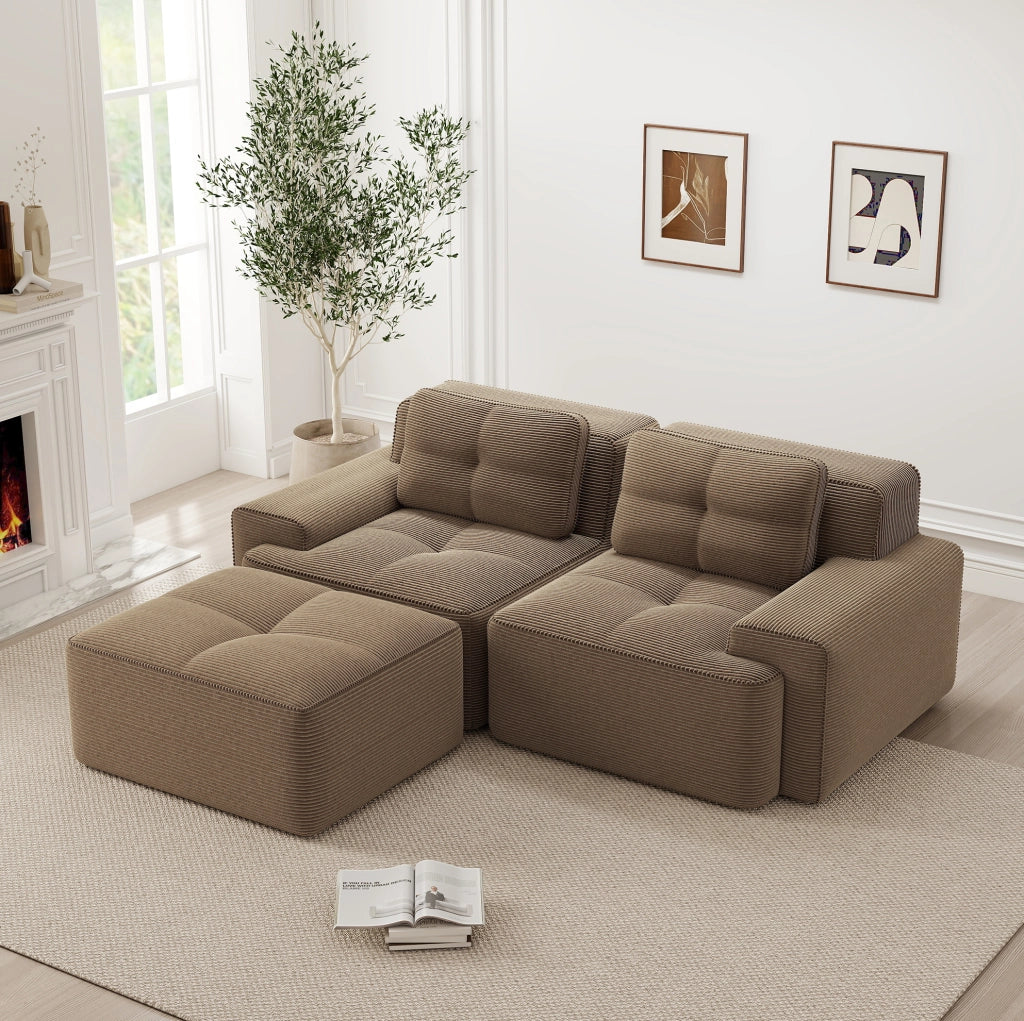 Divano modulare con seduta profonda e design componibile in corduroy marrone