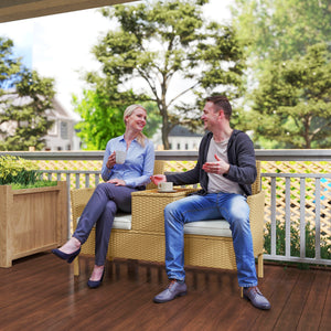 Panca da Giardino con Tavolino a Ribalta Portaoggetti 134x58x82 cm in Rattan e Acciaio Crema e Cachi