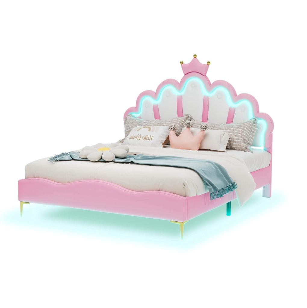 Letto doppio con testiera a corona e illuminazione LED rosa