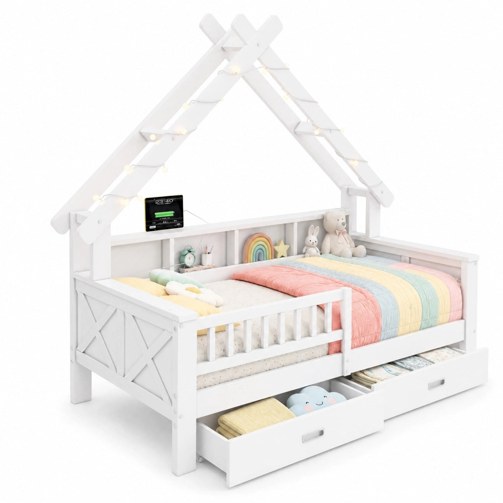 Letto a casetta 90x200 cm con LED; ripiani; 2 cassetti e protezione; bianco