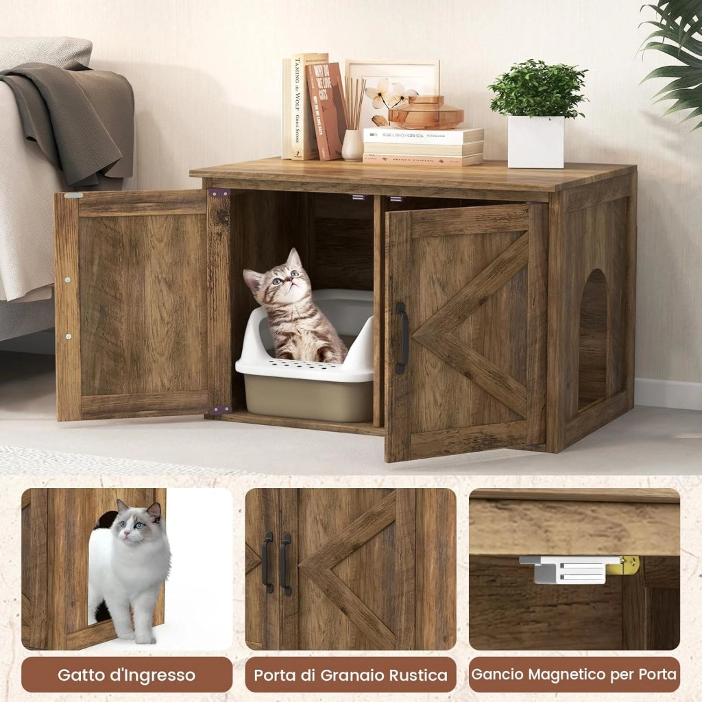 Mobile Lettiera per Gatti in Legno con Piano Ampio e Apribile, Interno Sapzioso e Divisorio Rimovibile, Casetta per Gatti da Interno in Stile Fienile con 2 Ingressi, 80 x 54 x 53,5 cm
