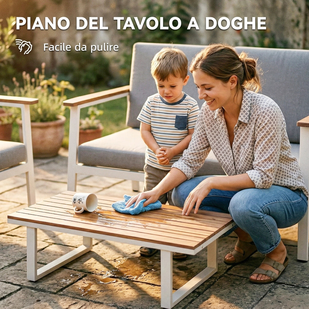 Set 4 Pezzi Salotto da Giardino Divano 2 Posti 2 Poltrone e Tavolino in Legno di Acacia e Metallo Grigio