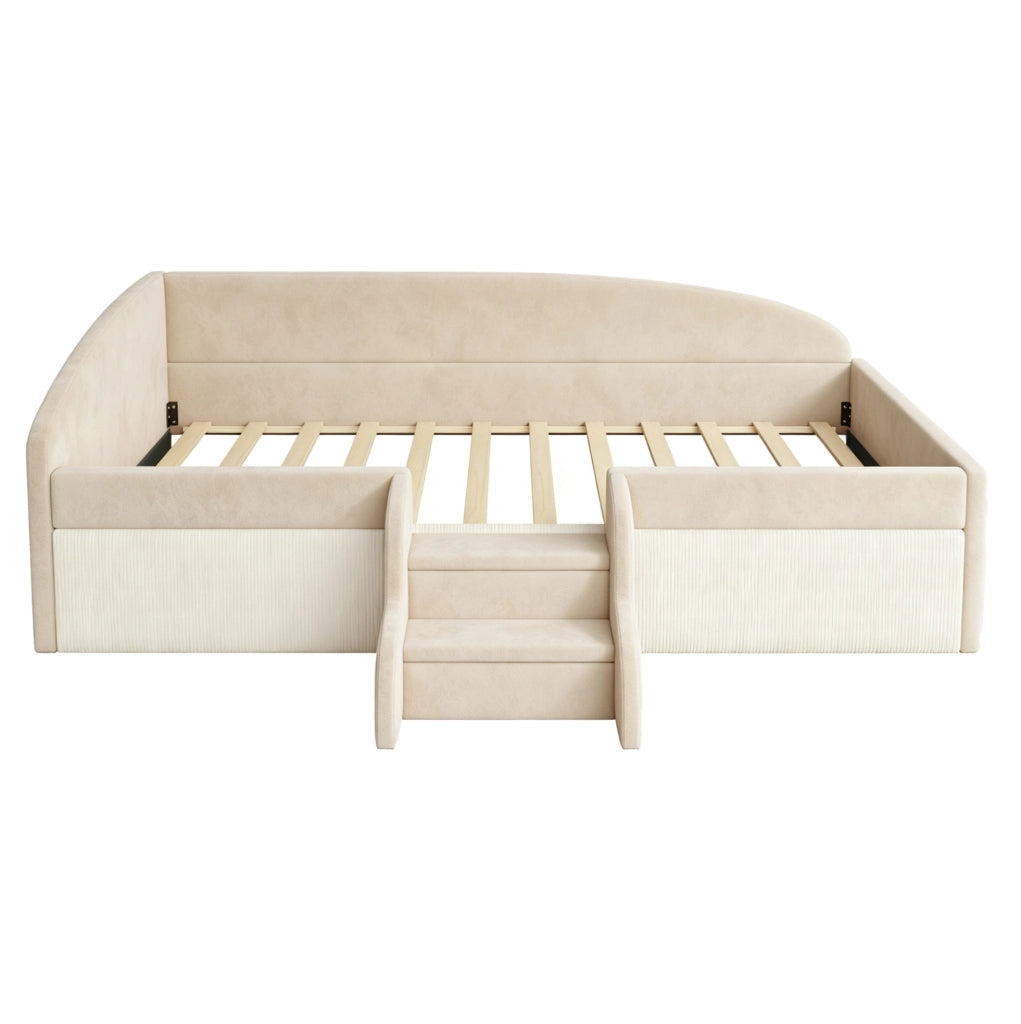 Letto imbottito bambini 90x190 cm con gradini e sponde in velluto beige