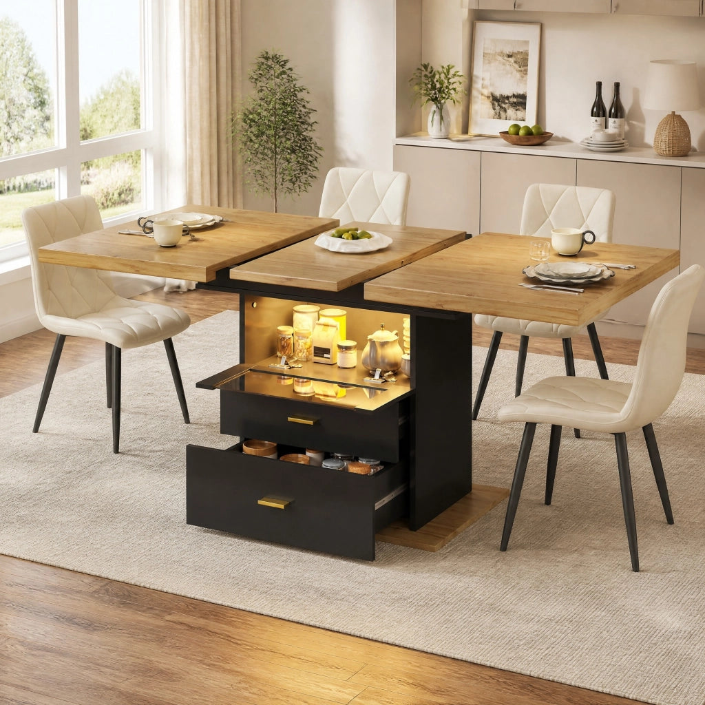 Tavolo da pranzo allungabile 110-140 x 80 x 75 cm con LED, 2 cassetti, MDF e metallo