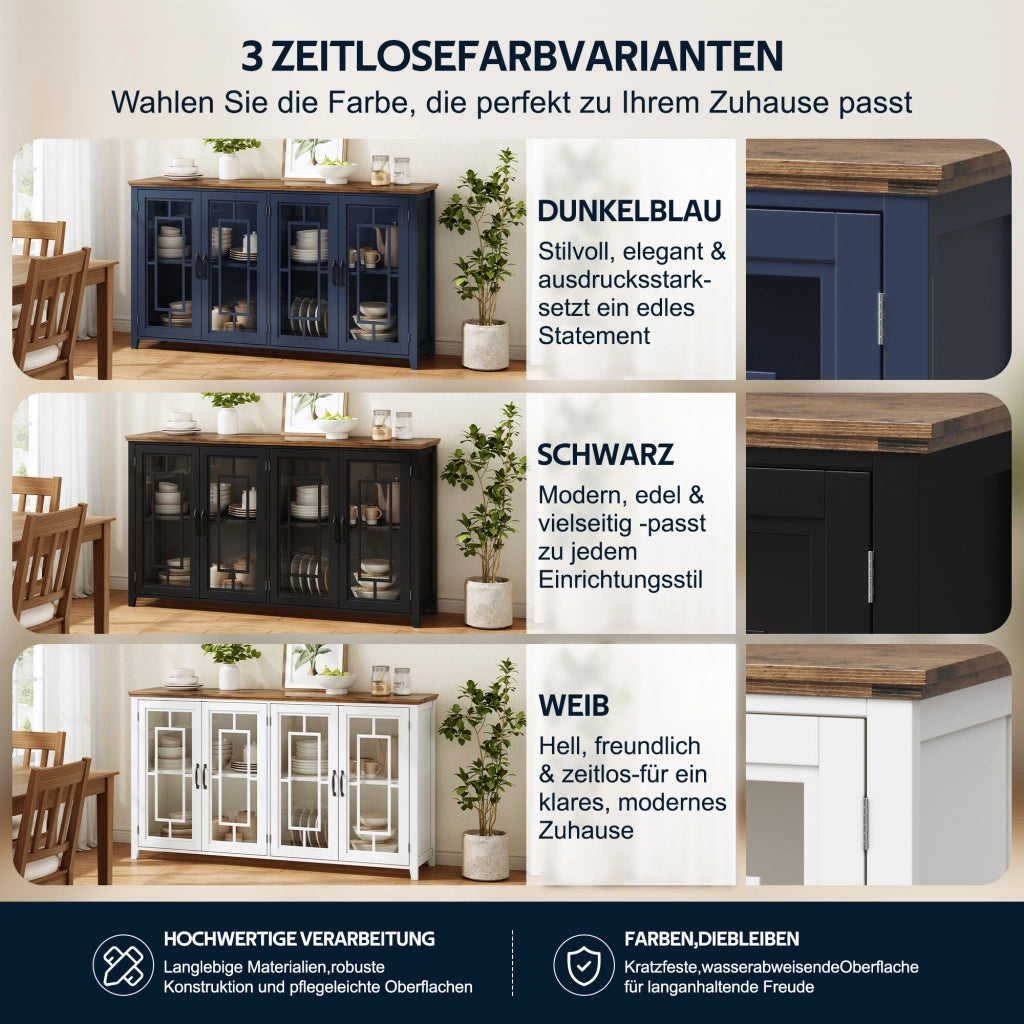Credenza e madia con ante in vetro, 2 vani, piano effetto legno, in MDF, per cucina e soggiorno 160 × 40 × 86 cm
