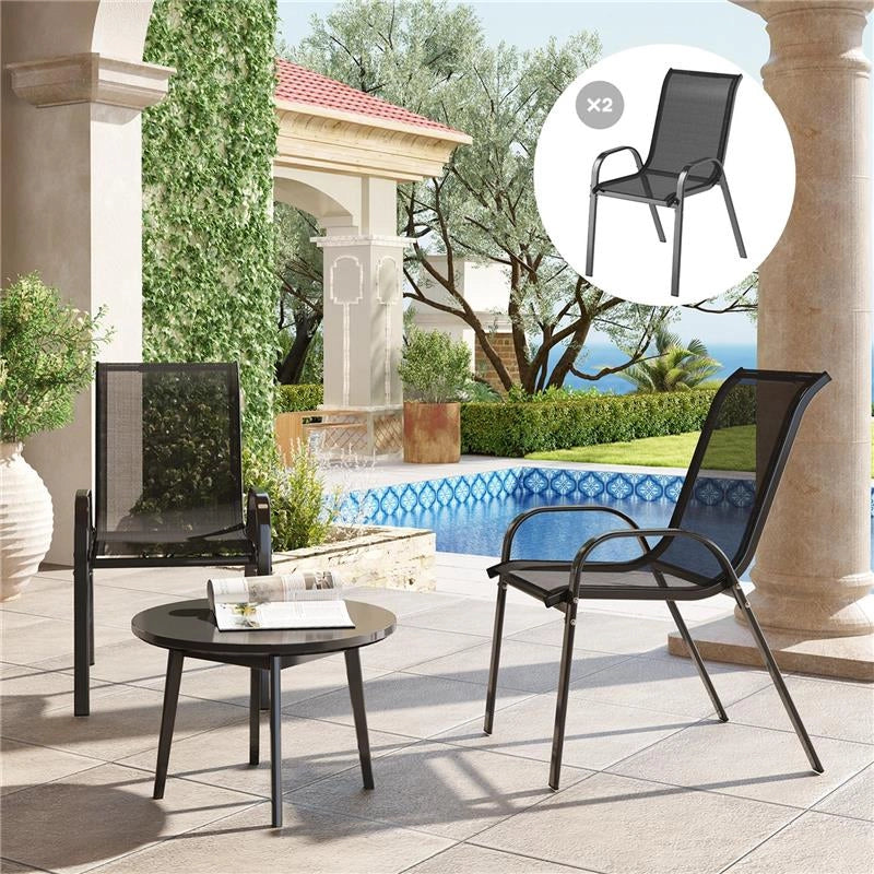 SET 2 SEDIE DA GIARDINO IMPILABILI CON BRACCIOLI CURVI, IN ACCIAIO E TESSUTO TRASPIRANTE, 54X71X93 CM, NERO