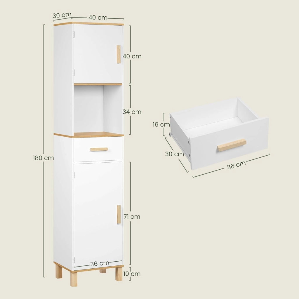 Mobile da Bagno Alto e Stretto, Armadio a Colonna da Bagno Salvaspazio in Legno MDF Mobiletto, Mobile Multiuso con 2 Ante, 1 Cassetto e 1 Vano Aperto, Bianco, 40x30x180cm