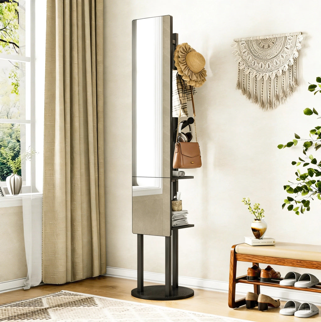 Specchio a figura intera 135x30 cm girevole a 360° con struttura in truciolare e acciaio nero