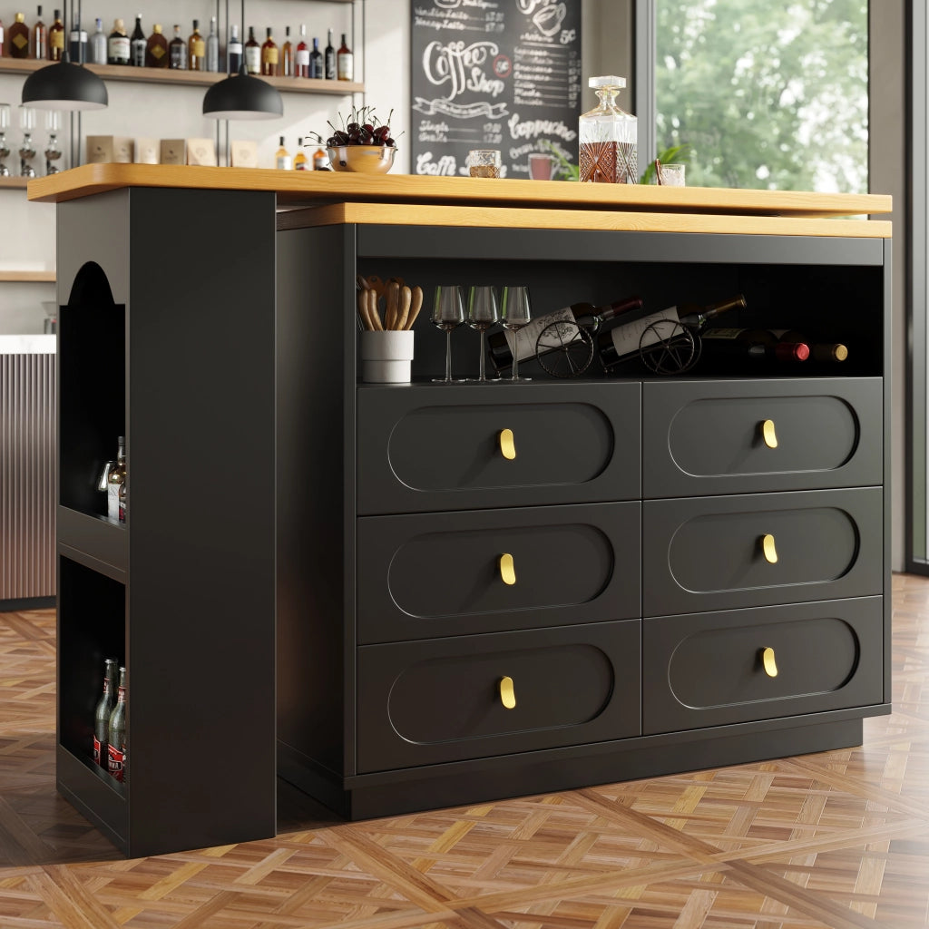 Tavolo bar estraibile e girevole 360¡ã - Zephmum - Regolabile 138-203cm, nero con cassetti