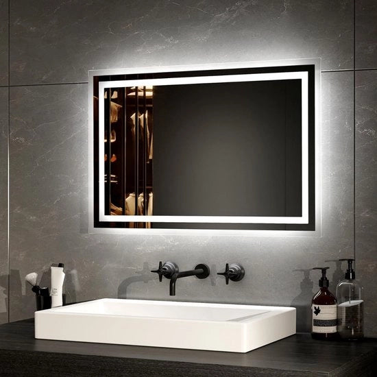 Specchio Bagno con Illuminazione 40 x 60 cm - Specchio LED Anti-condensazione - Luce Fredda Bianca/Luce Calda Bianca - Specchio con Interruttore - Cornice di Alta Qualità in Alluminio - IP44