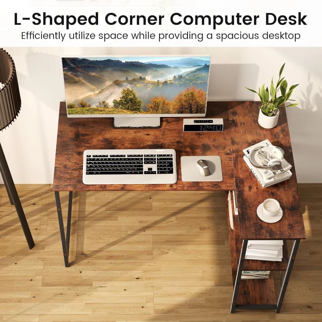 Scrivania a forma di L da 118 cm, tavolo per computer con ripiano reversibile, scrivania ad angolo moderno con ripiano regolabile, per studio, ufficio, marrone