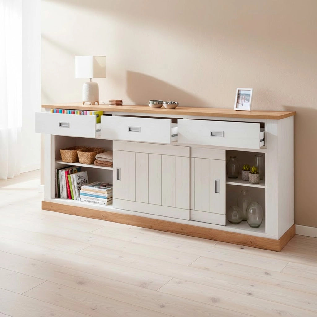 Credenza Soggiorno 3 Cassetti 2 Ante Scorrevoli 4 Ripiani Interni Mobile Madia Buffet Dispensa Cucina Zona Living Design Classico Moderno 220 x 50 x 95 Cm Bianco E Rovere