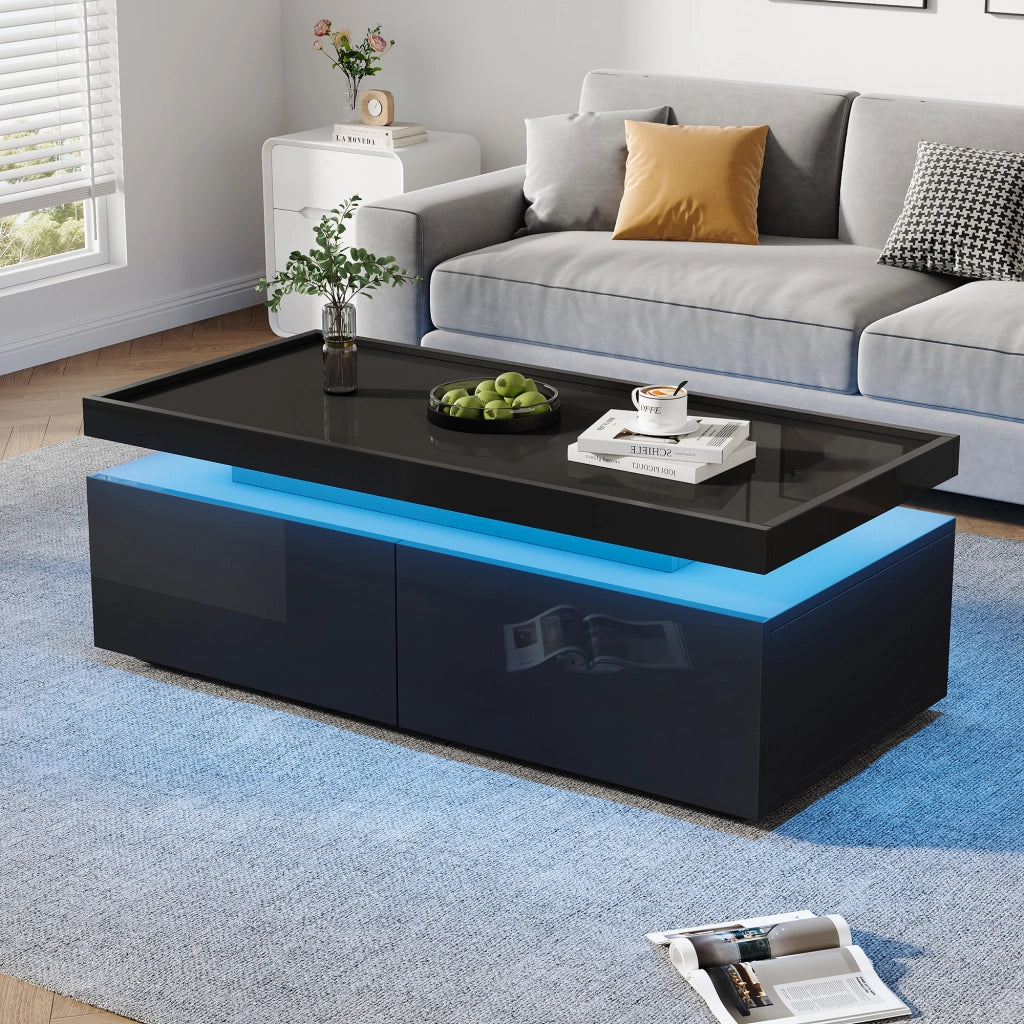 OKWISH Tavolino da Salotto con 2 Cassetti e Vano Semiaperto, LED con Controllo da App, per Soggiorno, Pannello di Truciolare, Nero, 95 x 45 x 35 cm