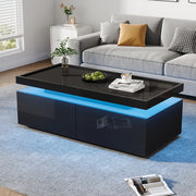 OKWISH Tavolino da Salotto con 2 Cassetti e Vano Semiaperto, LED con Controllo da App, per Soggiorno, Pannello di Truciolare, Nero, 95 x 45 x 35 cm