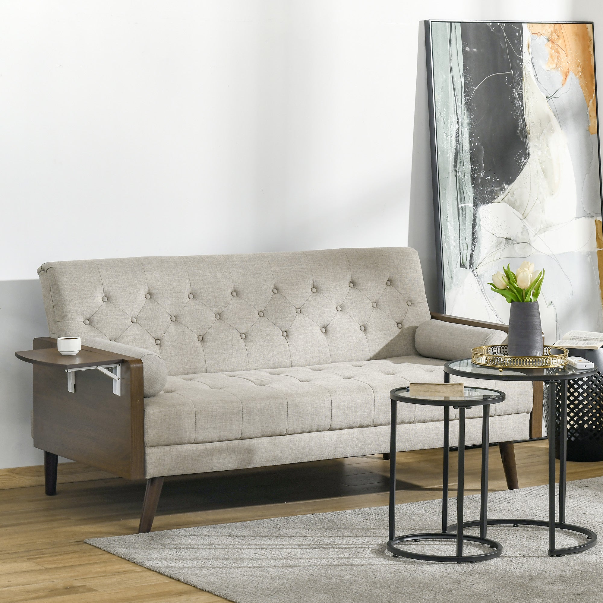 Divano Letto 3 Posti 200x88x89 cm con Mensole Laterali Beige