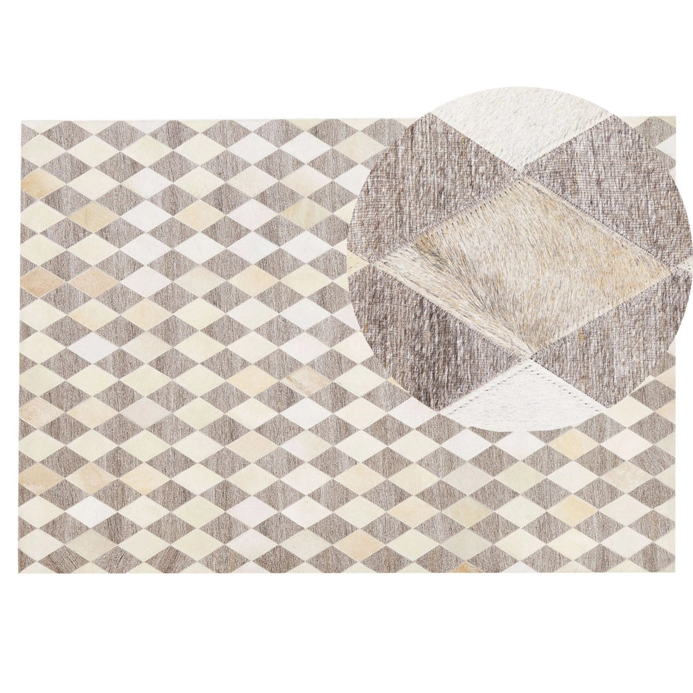 Tappeto tappetino Pelle di vacchetta jacquard marrone e beige Motivo geometrico a rombi Retro 140 x 200 cm