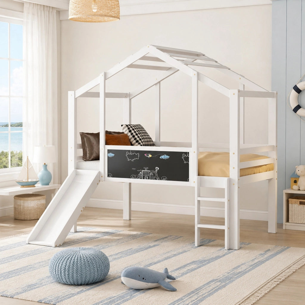 Letto a soppalco per bambini 90x200 cm in legno bianco con scivolo; scala e lavagna