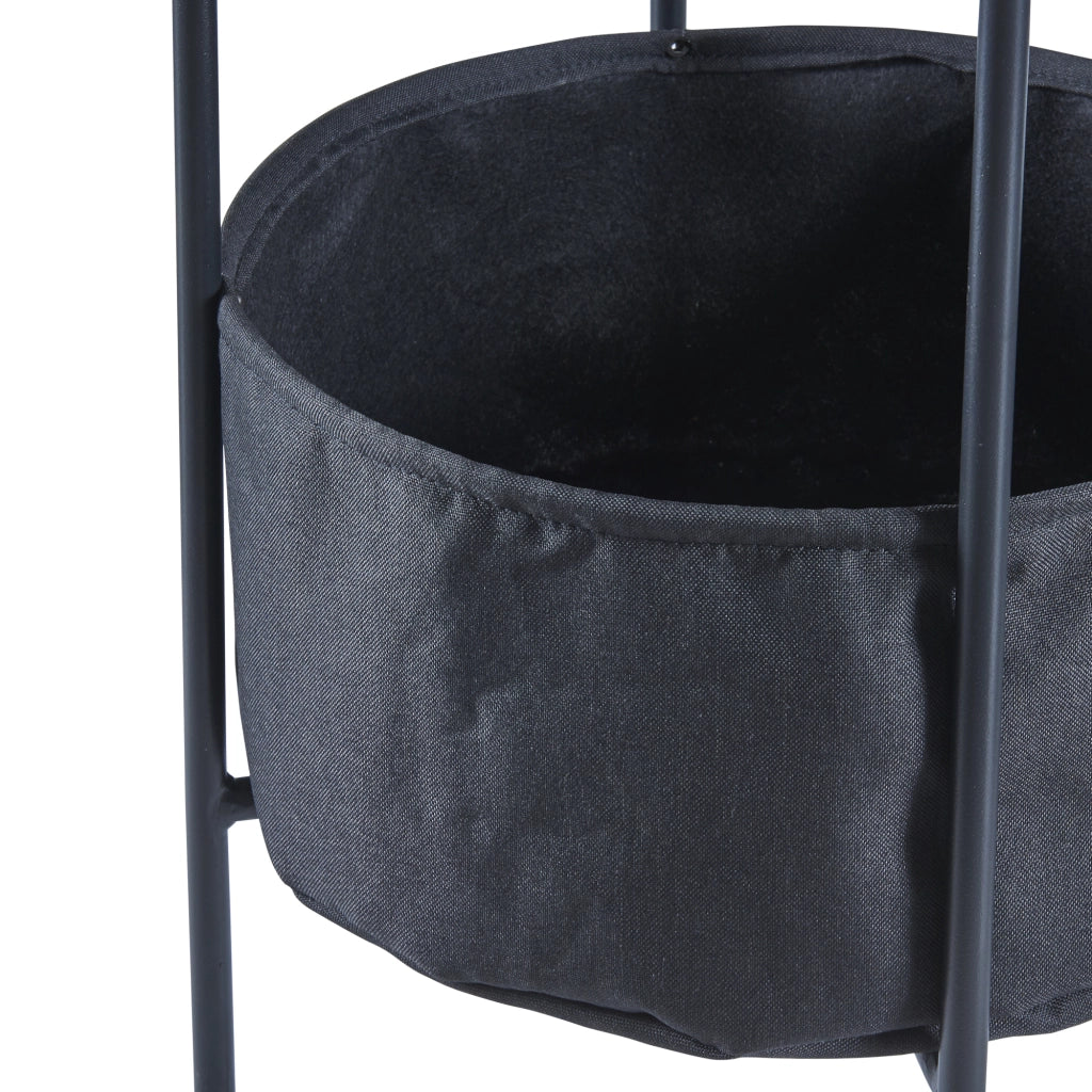Tavolino Basso da Divano 'Suonenjoki' con Cesto Contenitore in Tessuto e Piano Rotondo- Nero/Effetto Noce [en.casa]