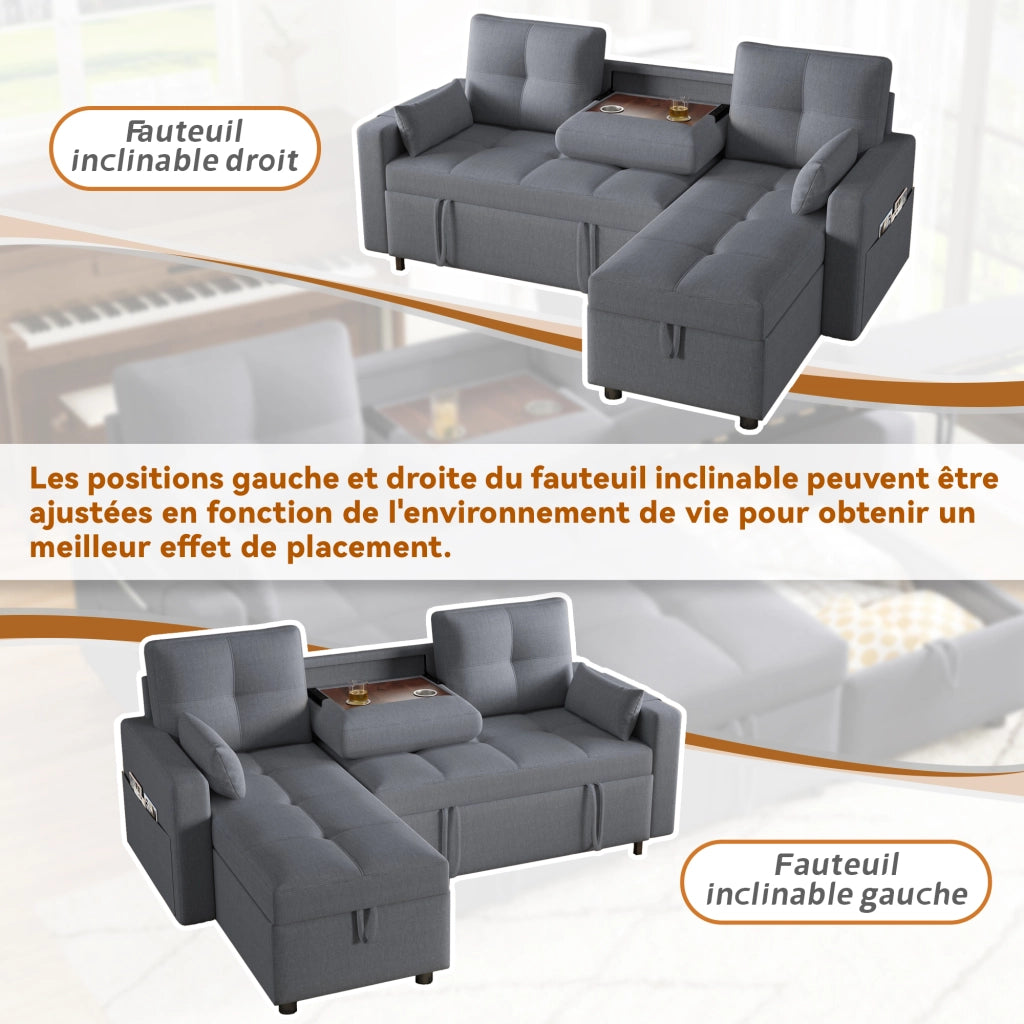 Divano angolare L modulare letto estraibile con vano contenitore e portabicchieri in lino grigio 211 × 136 × 87 cm