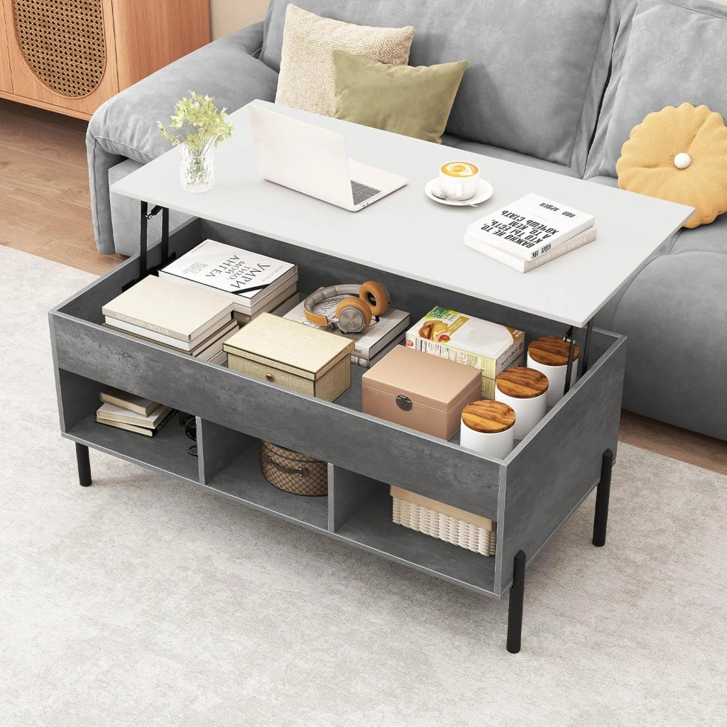 Tavolino da Caffè Sollevabile, Tavolo da Salotto con Piano Sollevabile, Ampio Comparto Nascosto, 3 Scomparti Aperti e Gambe in Metallo, Ideale per Salotto e Ufficio (Grigio)