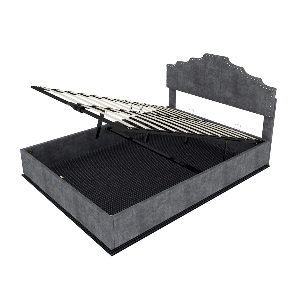 Letto imbottito 140x200 cm con testiera geometrica in velluto grigio
