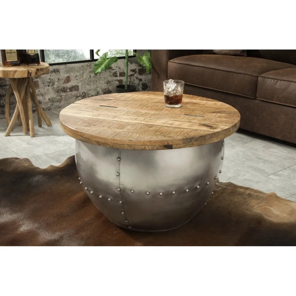Tavolino rotondo ORVIK 68 cm in legno massello di mango e metallo - baule per la conservazione