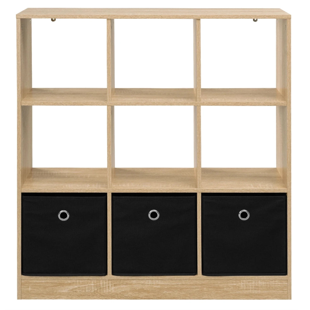 Libreria a cubi con 3 cassetti in tessuto rovere chiaro e nero