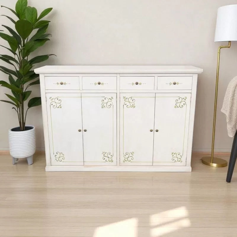 Madia credenza legno 4 porte shabby bianco anticato decoro filo verde 160x40x110 - Mobili 2G