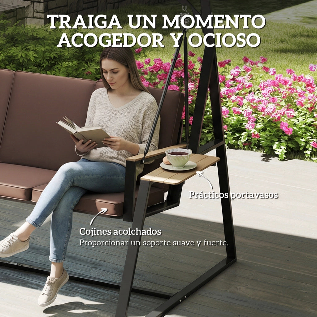 Dondolo da Giardino 3 Posti con Tetto Regolabile ¨C Xylo ¨C Marrone con Cuscini e Vassoi