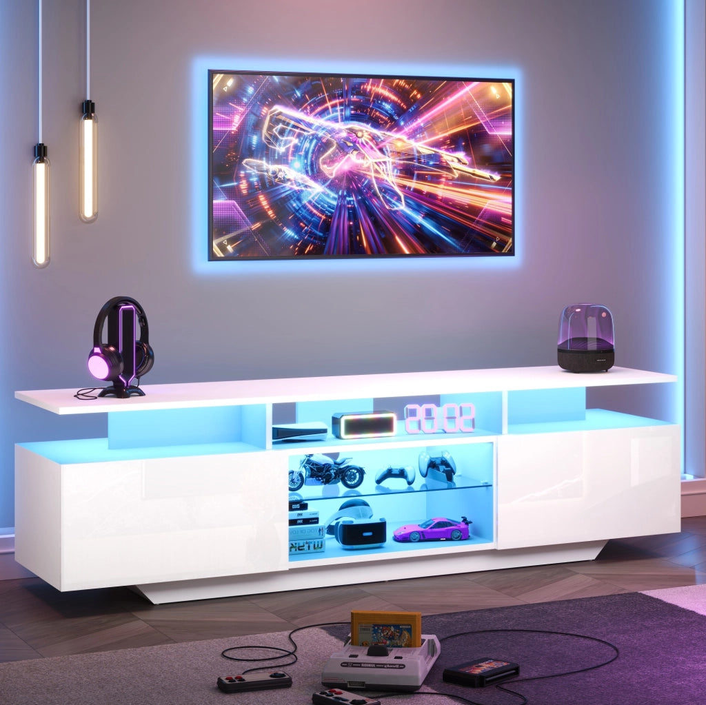 Mobile TV bianco 160 cm con LED, 2 armadietti e 8 ripiani