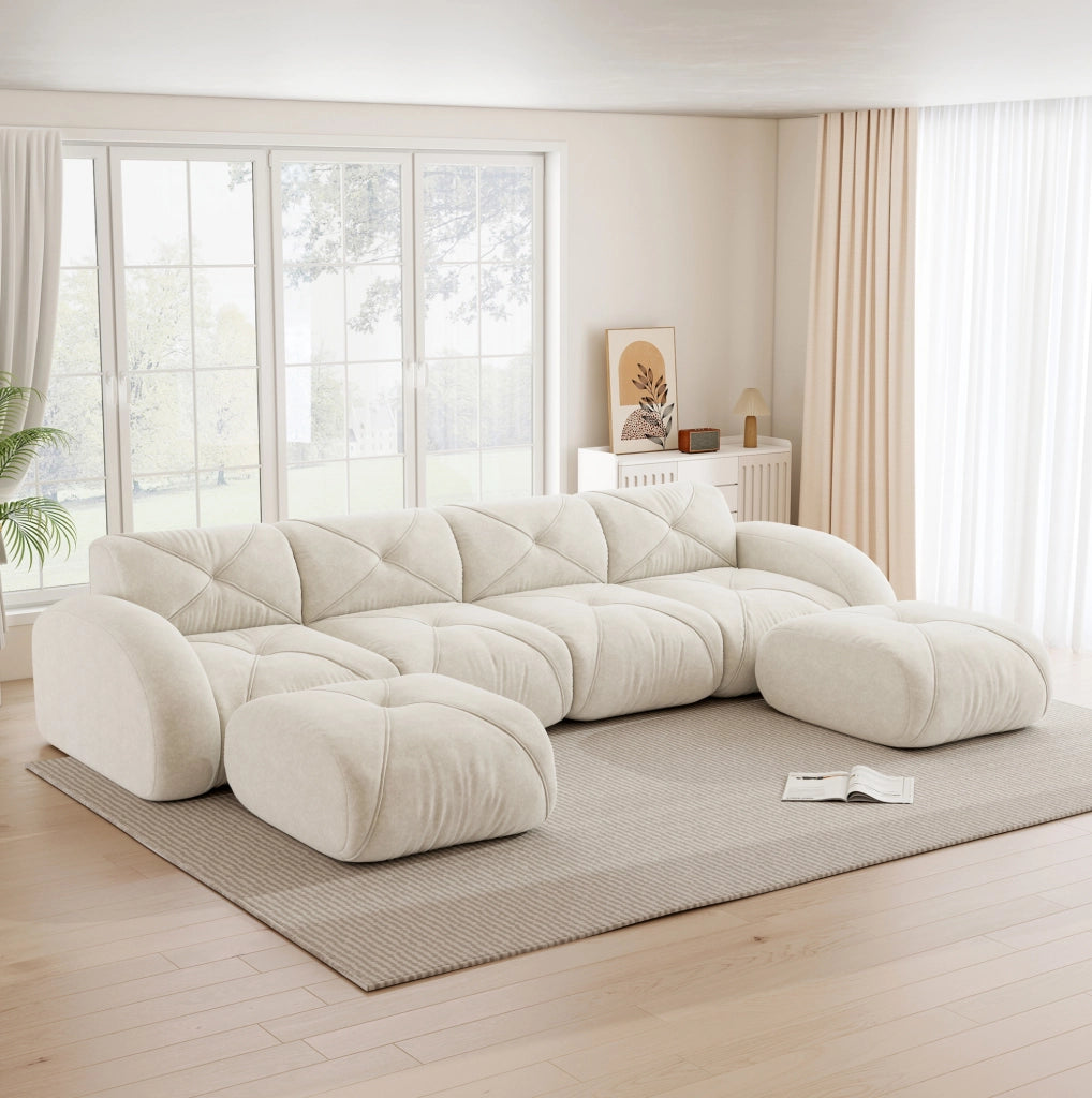 Divano modulare a U 358x171x76 cm in chenille beige chiaro con 2 pouf
