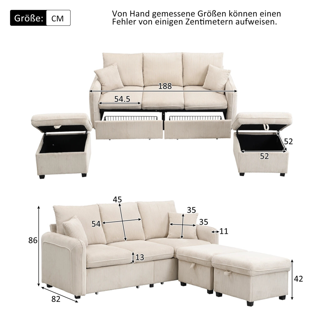Divano angolare convertibile 3 Posti con Contenitore, 2 Pouf contenitore e Cuscini, in Velluto a coste Beige