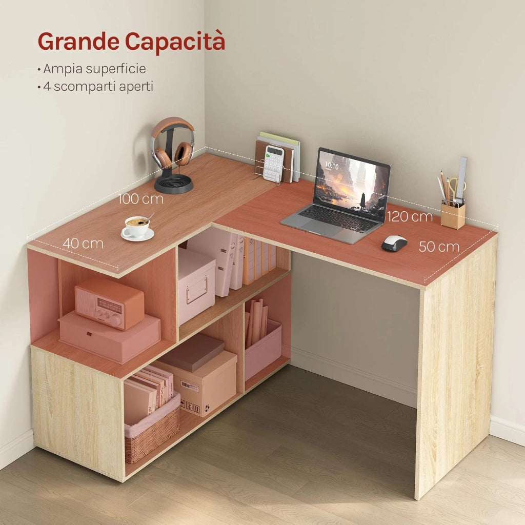 Scrivania Angolare a Forma di L con Libreria, 120x100x75 cm, Scrivania Ufficio per Computer, Tavolo da Lavoro, Studio and Soggiorno, Rovere Chiaro