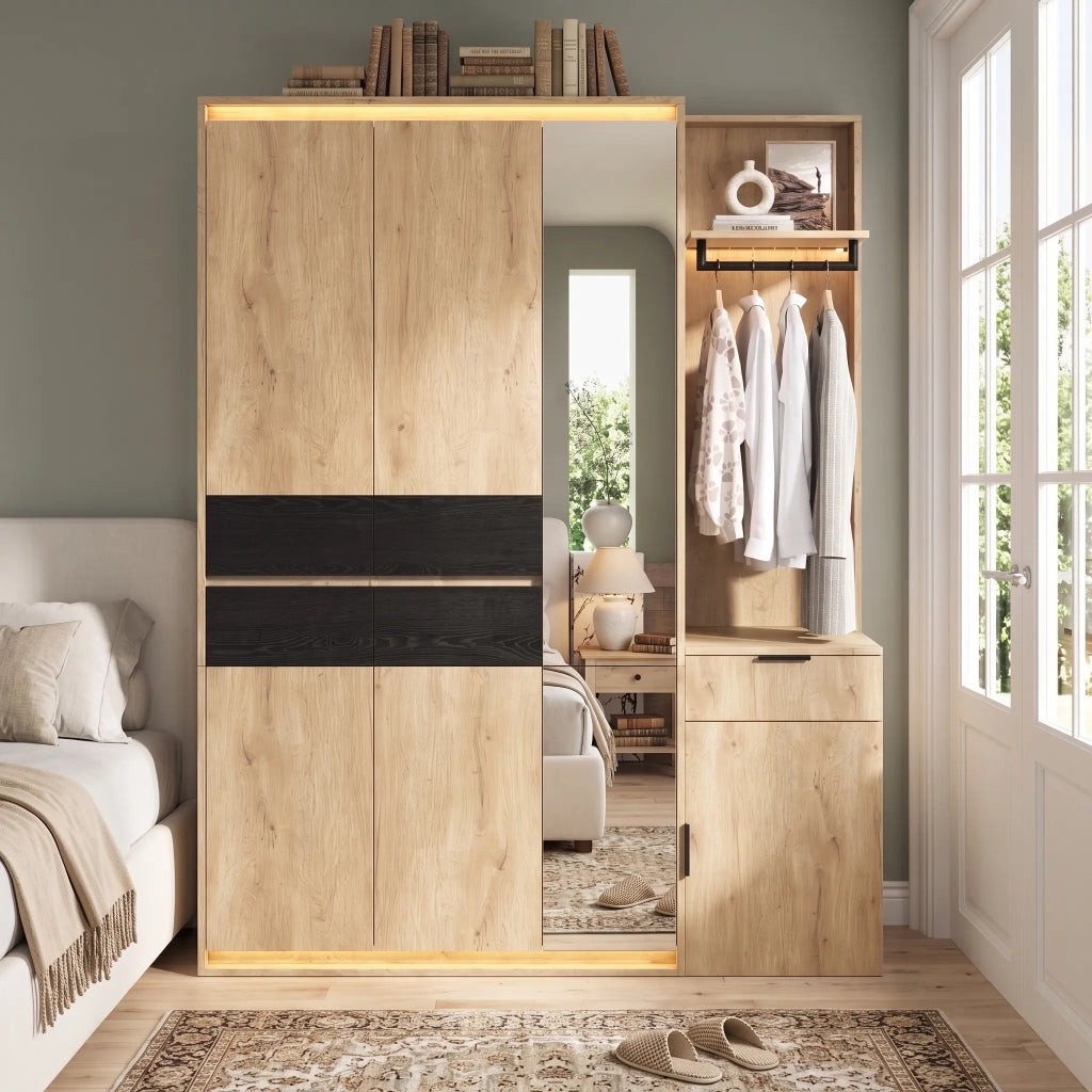 Set guardaroba con specchio e 3 luci LED, 155x47x200 cm, 3 appendini, 5 cassetti, colore antracite-rovere
