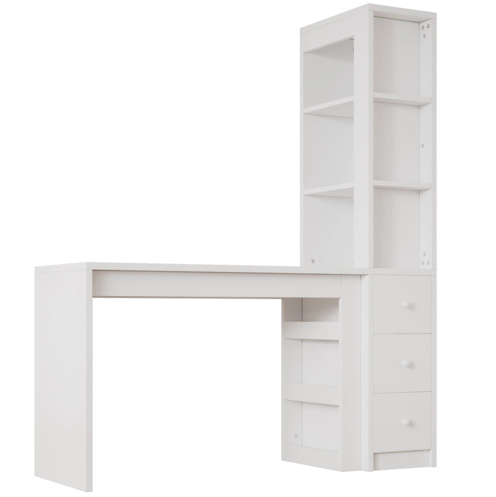 Scrivania con libreria 150x50x180 cm con 3 cassetti e vano laterale in MDF bianco