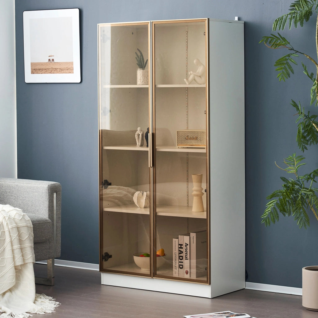 Vetrina con 2 ante; ripiani regolabili e LED - per soggiorno - in truciolare - 80×40×160 cm - bianco