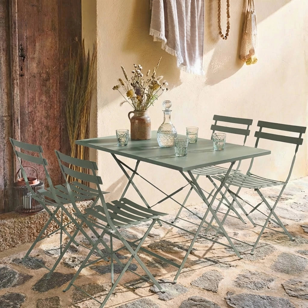 Set tavolo da giardino pieghevole in acciaio con 4 sedie, 110cm, verde