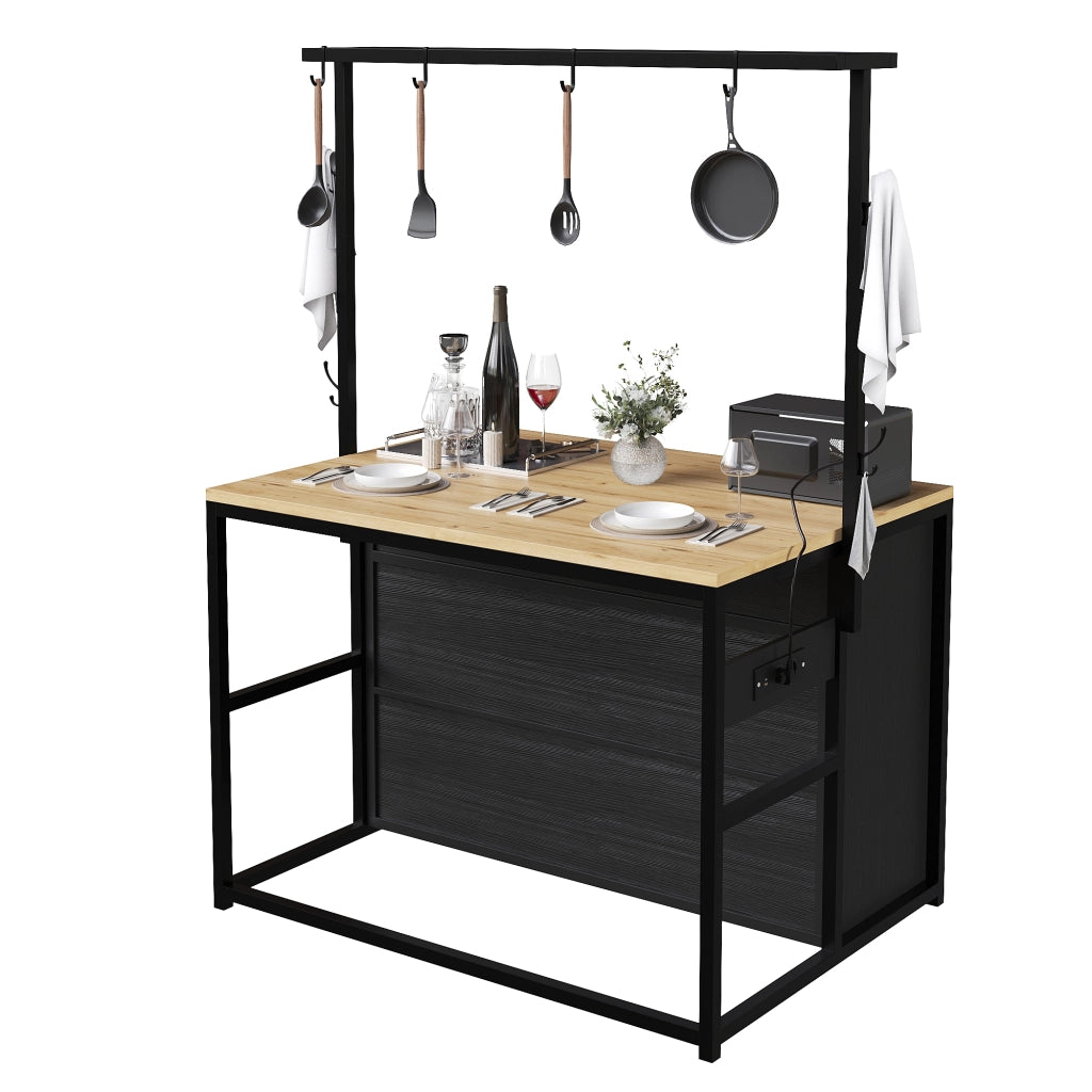Mobile da cucina, tavolo da bar, con prese di corrente, ganci, finitura effetto legno, nero e color legno naturale