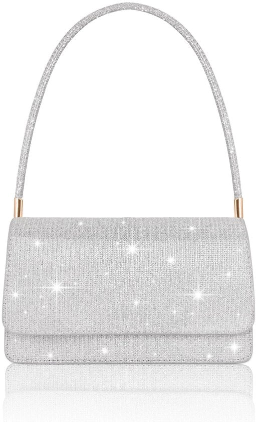 Borsa a Mano con 2 Compartimenti in Argento con Pailletti, Tas da Sera con Maniglia, Borsa da Spalla Elegante in Argento per Donne per Matrimonio, Gala, Festa, Cene di Lusso