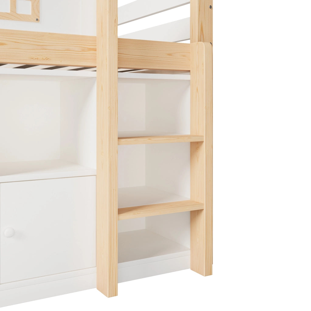 Letto a soppalco 205x94.5x120 cm; con lavagna; scomparti e scala; senza materasso; in pino e MDF; bianco naturale